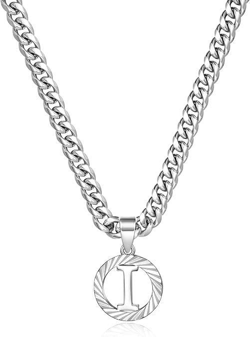HilalHaven Minimal Engraved Initial Sun‑Ray Disc Heavy Cuban‑Chain Necklace - Sivler - I - image 36
