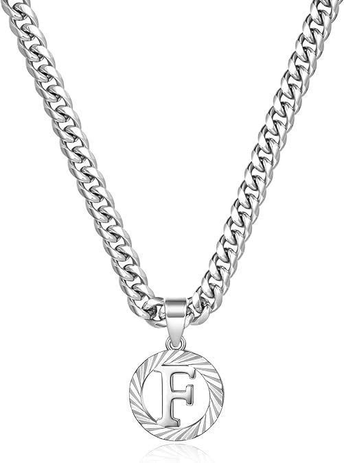 HilalHaven Minimal Engraved Initial Sun‑Ray Disc Heavy Cuban‑Chain Necklace - Sivler - F - image 33