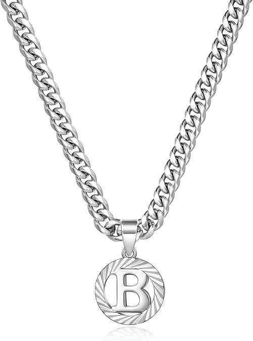 HilalHaven Minimal Engraved Initial Sun‑Ray Disc Heavy Cuban‑Chain Necklace - Sivler - B - image 29