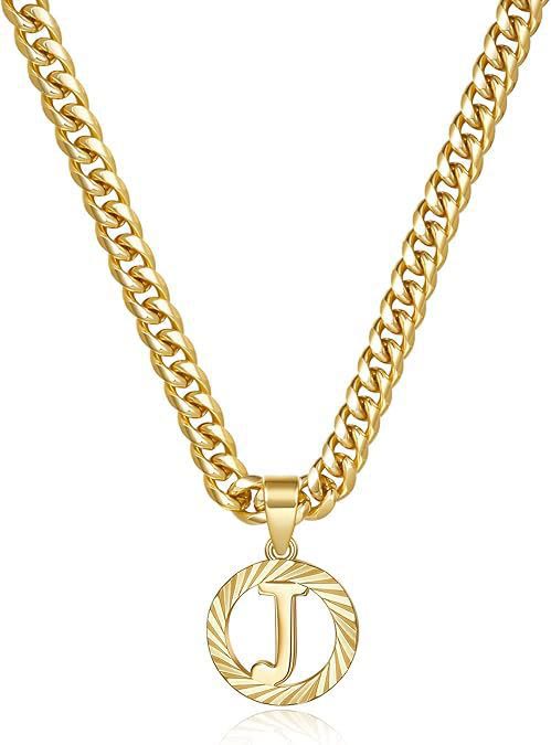 HilalHaven Minimal Engraved Initial Sun‑Ray Disc Heavy Cuban‑Chain Necklace - Golden - J - image 11