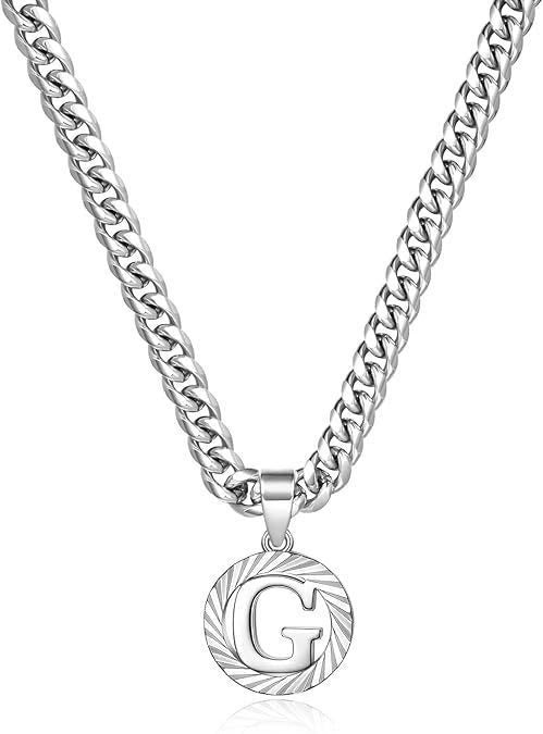 HilalHaven Minimal Engraved Initial Sun‑Ray Disc Heavy Cuban‑Chain Necklace - Sivler - G - image 34