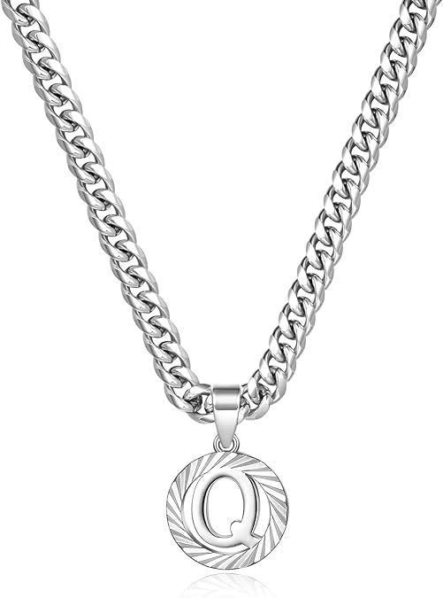 HilalHaven Minimal Engraved Initial Sun‑Ray Disc Heavy Cuban‑Chain Necklace - Sivler - Q - image 44
