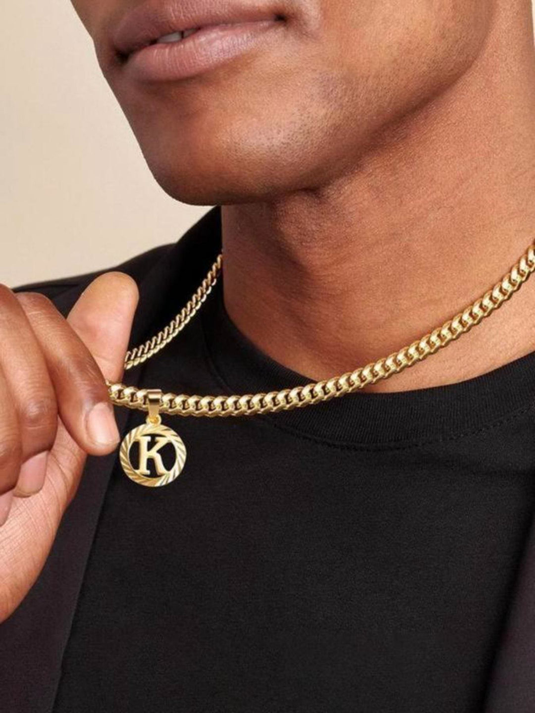HilalHaven Minimal Engraved Initial Sun‑Ray Disc Heavy Cuban‑Chain Necklace - image 0