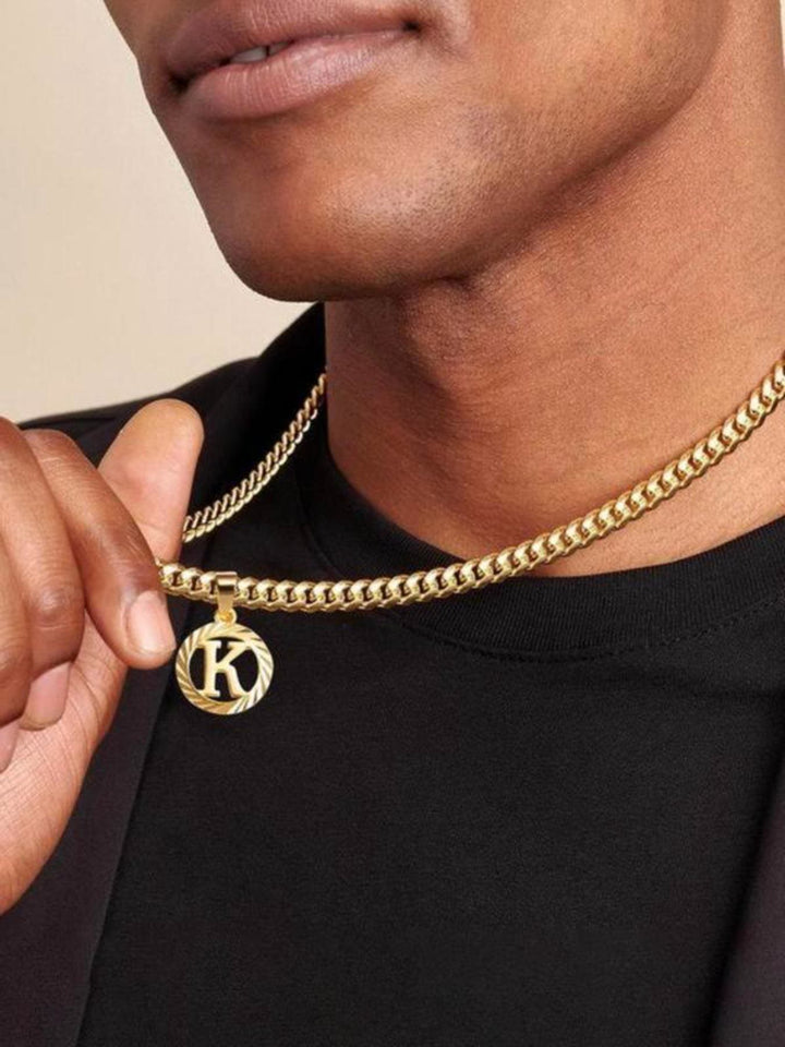 HilalHaven Minimal Engraved Initial Sun‑Ray Disc Heavy Cuban‑Chain Necklace - image 0
