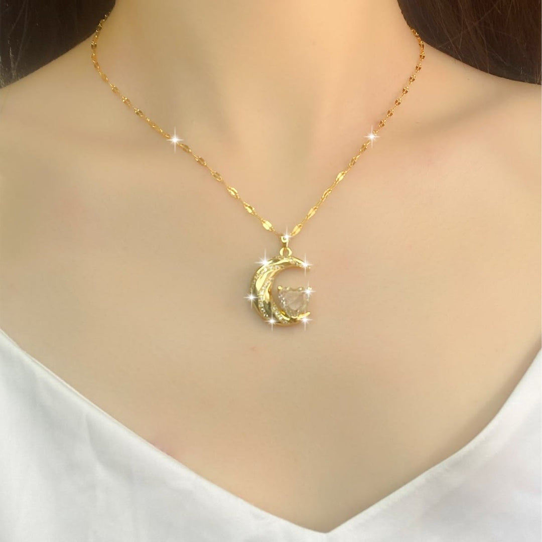 HilalHaven Curved Lunar Frame Heart Crystal Dainty Everyday Necklace - image 1