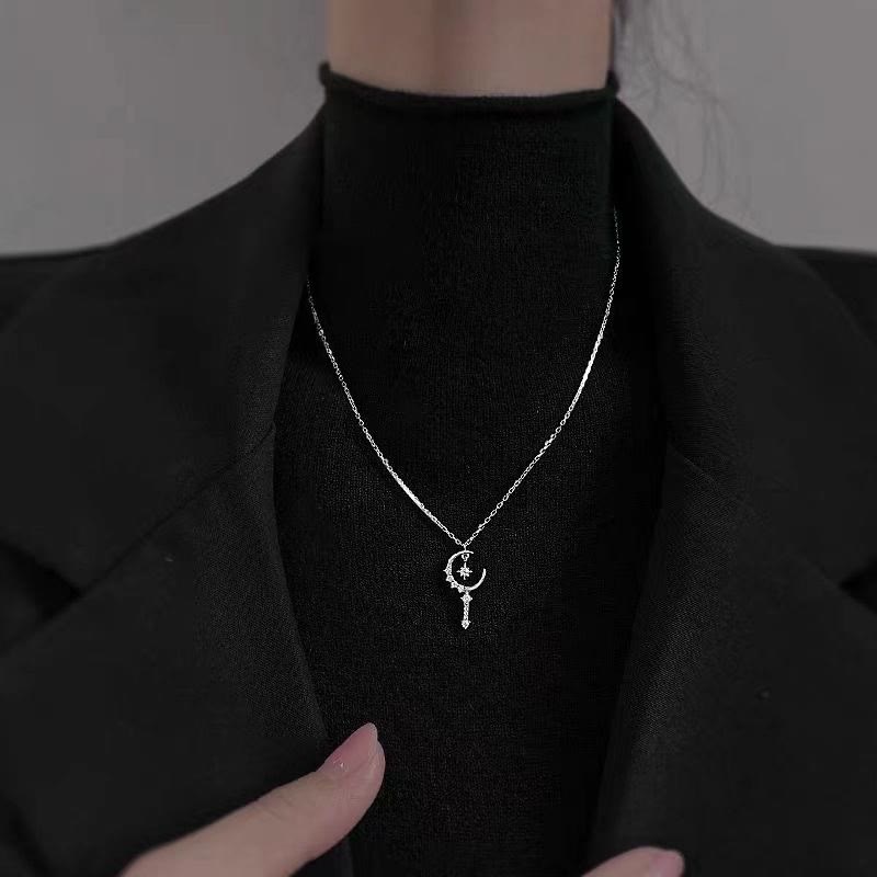 HilalHaven Crescent Star Crystal‑Inlaid Cross‑Chain Adjustable Alloy Necklace - image 1