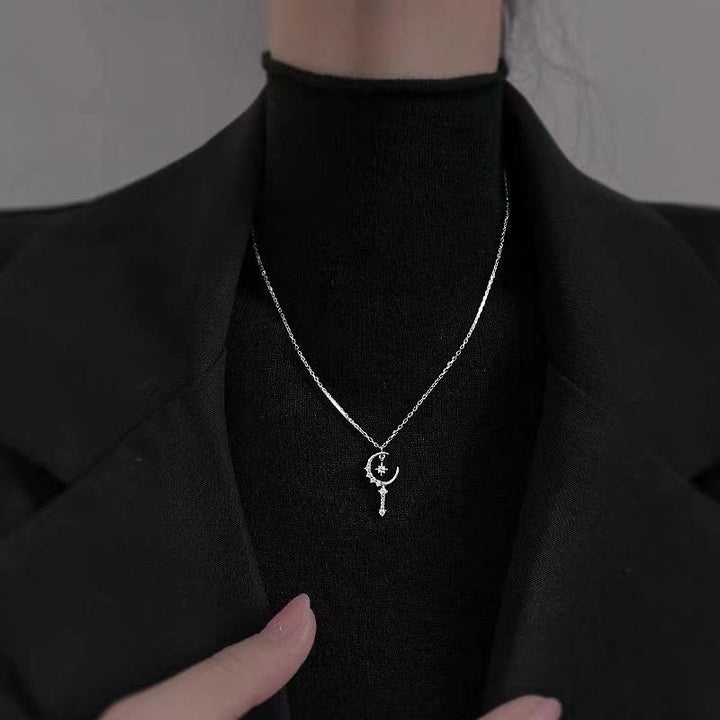 HilalHaven Crescent Star Crystal‑Inlaid Cross‑Chain Adjustable Alloy Necklace - image 1