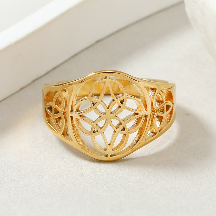 HilalHaven Interwoven Knot Open‑Work Statement Polished Electro‑Plated Stainless‑Steel Ring - Golden - US 9 - image 2