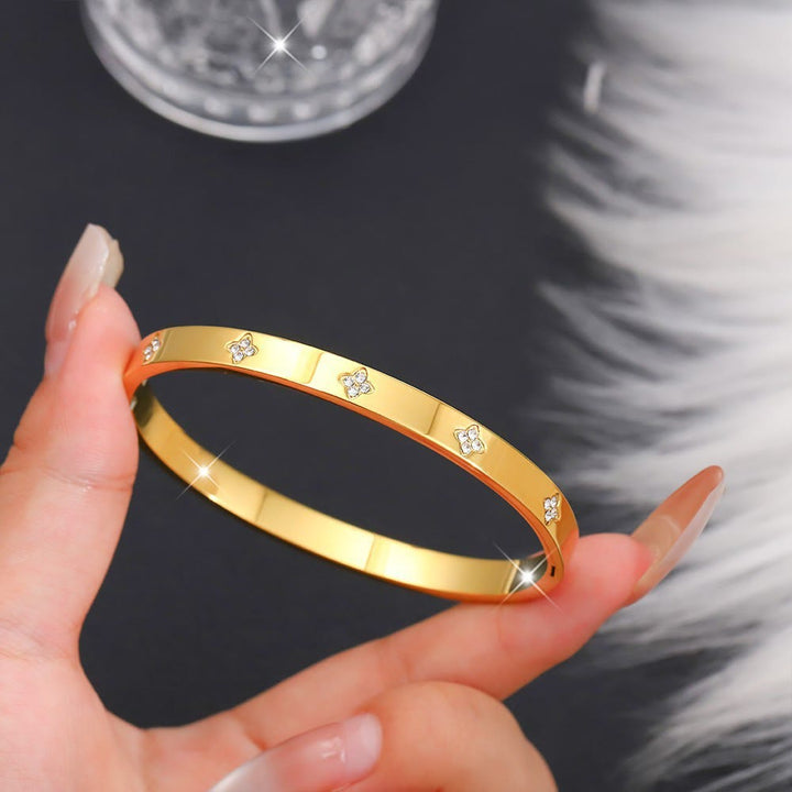 HilalHaven Stackable Detailed Minimal Band Bracelet  - Golden - Four Leaf Clover Bangle - image 4