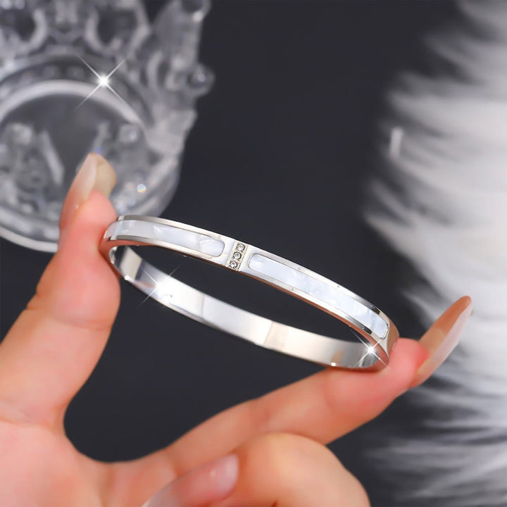 HilalHaven Stackable Detailed Minimal Band Bracelet  - Silver - Mother of Pearl Inlay Bangle - image 9