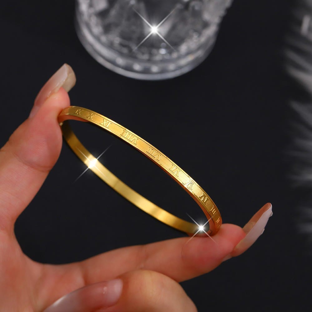 HilalHaven Stackable Detailed Minimal Band Bracelet  - Golden - Roman Numeral Engraved Bangle - image 6