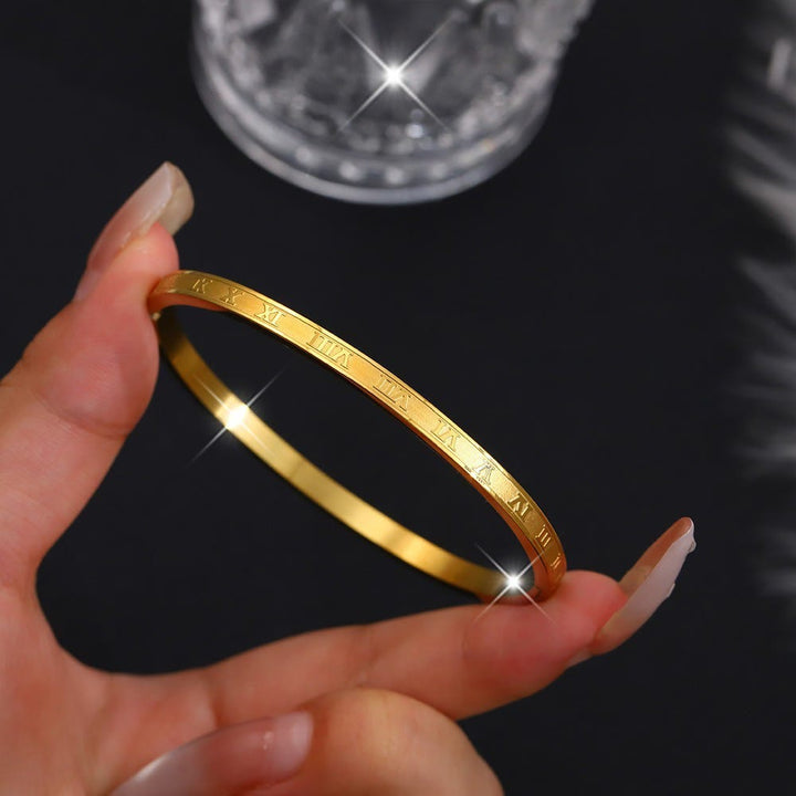 HilalHaven Stackable Detailed Minimal Band Bracelet  - Golden - Roman Numeral Engraved Bangle - image 6