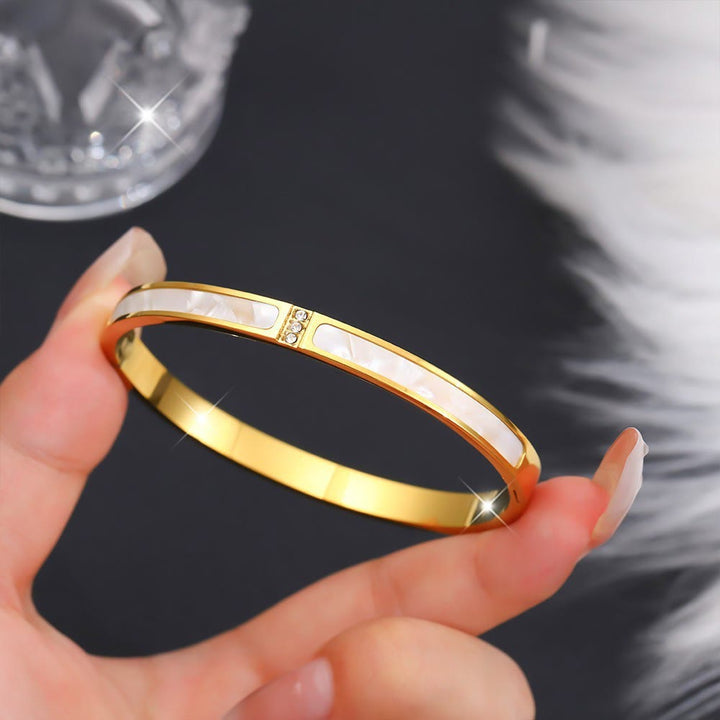 HilalHaven Stackable Detailed Minimal Band Bracelet  - Golden - Mother of Pearl Inlay Bangle - image 8
