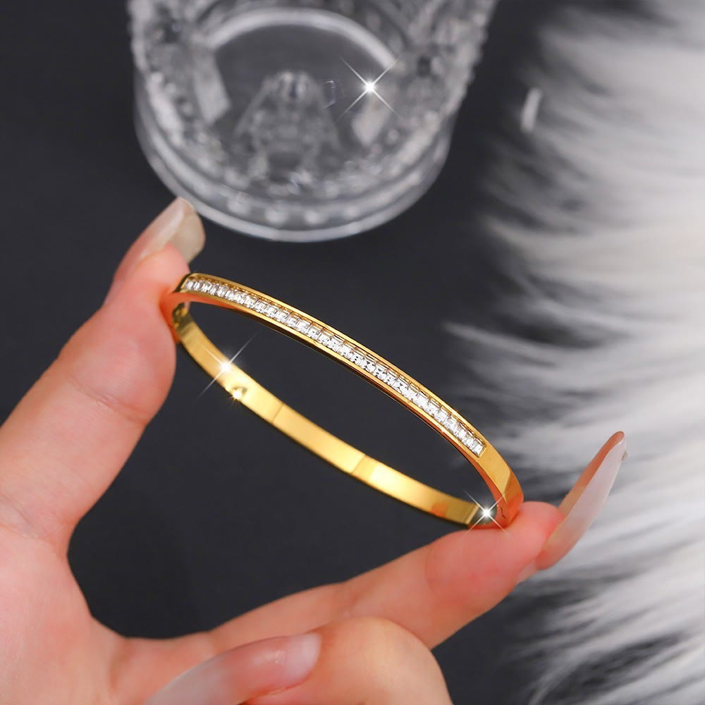 HilalHaven Stackable Detailed Minimal Band Bracelet  - Golden - Half Pave Diamond Bangle - image 10
