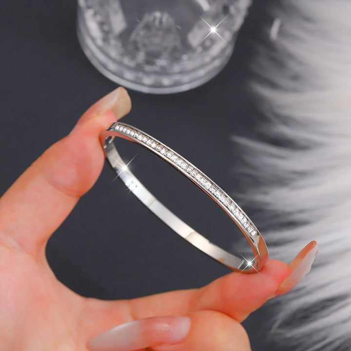 HilalHaven Stackable Detailed Minimal Band Bracelet  - Silver - Half Pave Diamond Bangle - image 11