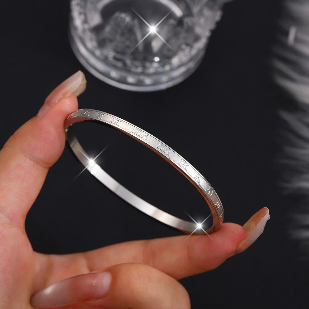 HilalHaven Stackable Detailed Minimal Band Bracelet  - Silver - Roman Numeral Engraved Bangle - image 7