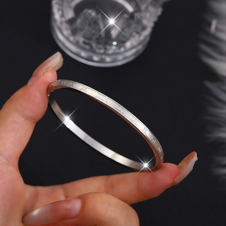 HilalHaven Stackable Detailed Minimal Band Bracelet  - Silver - Roman Numeral Engraved Bangle - image 7
