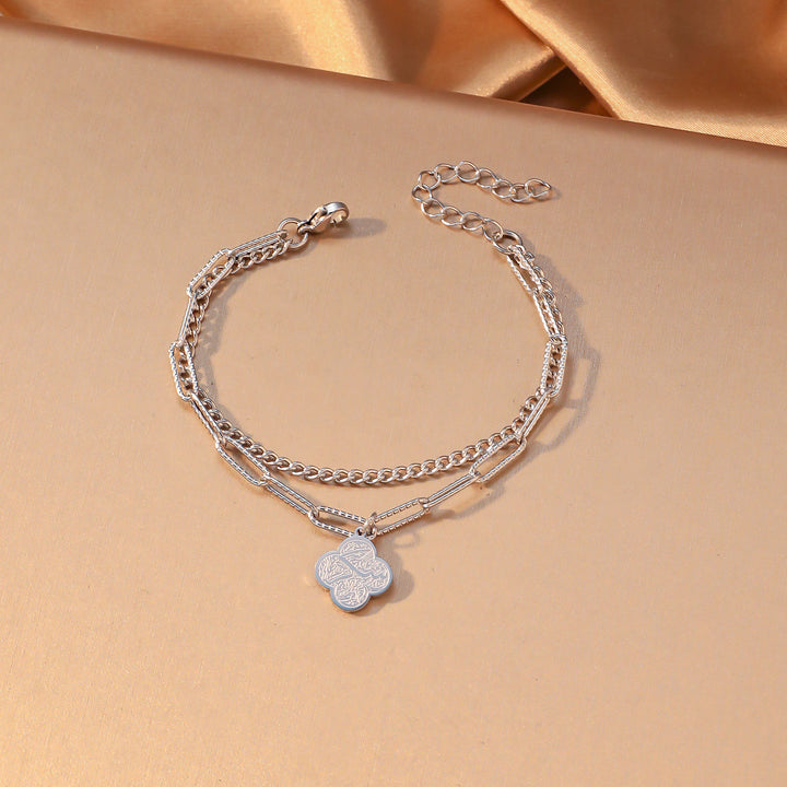 HilalHaven Four‑Petal Embossed Arabic Inscription Dual‑Layer Bracelet  - Silver-Gratitude - image 18