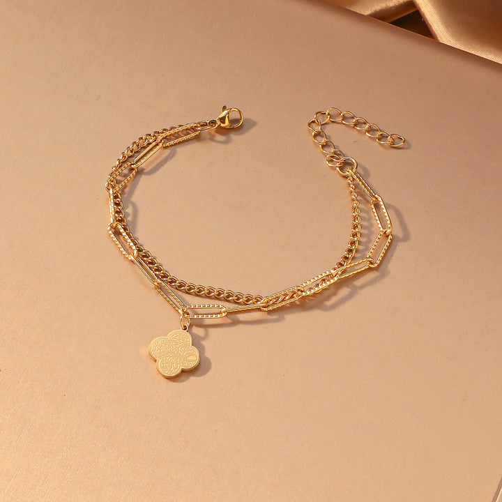 HilalHaven Four‑Petal Embossed Arabic Inscription Dual‑Layer Bracelet  - Golden-Patience - image 6