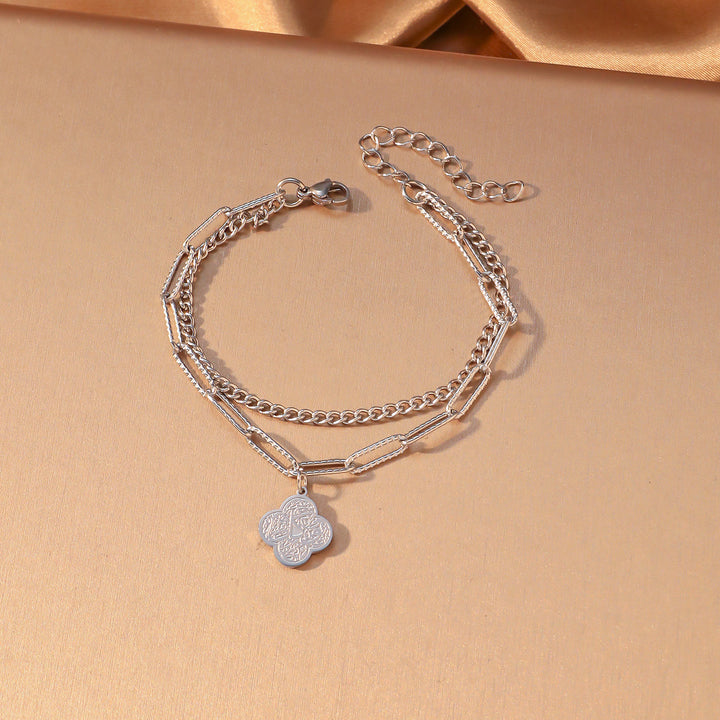 HilalHaven Four‑Petal Embossed Arabic Inscription Dual‑Layer Bracelet  - Silver-Faith - image 3