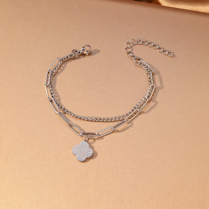 HilalHaven Four‑Petal Embossed Arabic Inscription Dual‑Layer Bracelet  - Silver-Patience - image 7