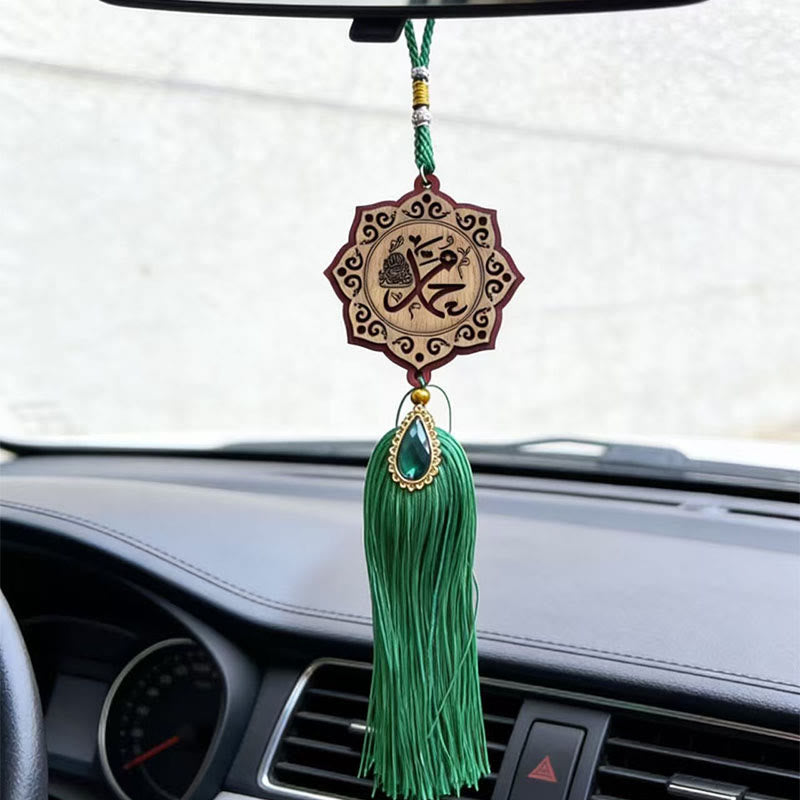 HilalHaven Ornate‑Border Calligraphy Wooden Tassel Car Pendant - Style2 - image 1