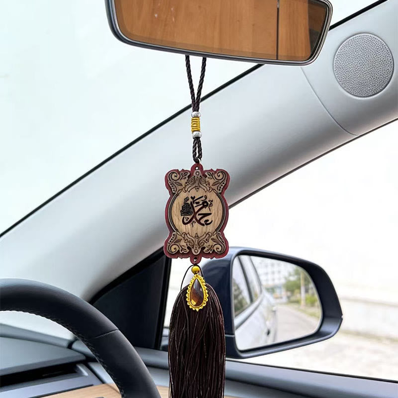 HilalHaven Ornate Curlicue‑Frame Engraved‑Script Wooden Tassel Car Pendant - Black - image 1