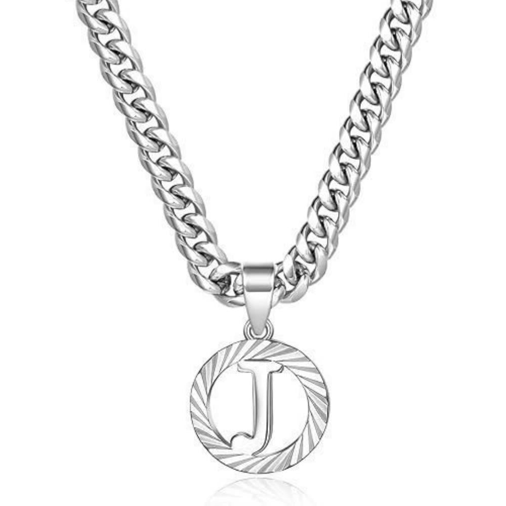 HilalHaven Minimal Engraved Initial Sun‑Ray Disc Heavy Cuban‑Chain Necklace - Silver - J - image 37