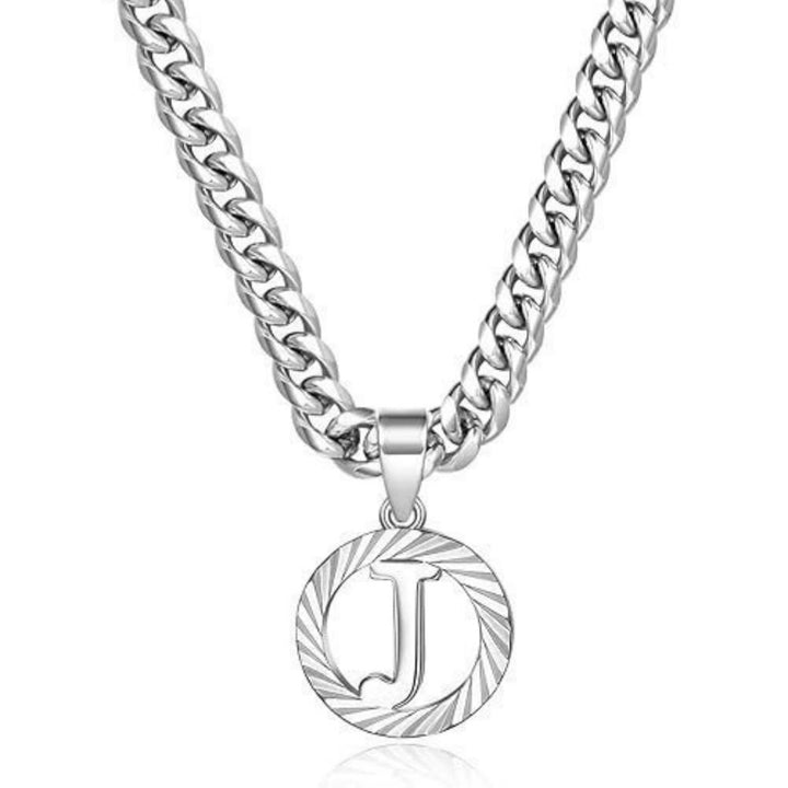 HilalHaven Minimal Engraved Initial Sun‑Ray Disc Heavy Cuban‑Chain Necklace - Silver - J - image 37