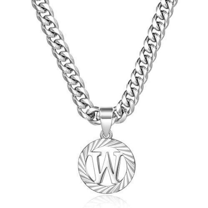 HilalHaven Minimal Engraved Initial Sun‑Ray Disc Heavy Cuban‑Chain Necklace - Silver - W - image 50