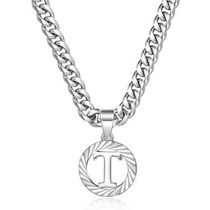HilalHaven Minimal Engraved Initial Sun‑Ray Disc Heavy Cuban‑Chain Necklace - Silver - T - image 47
