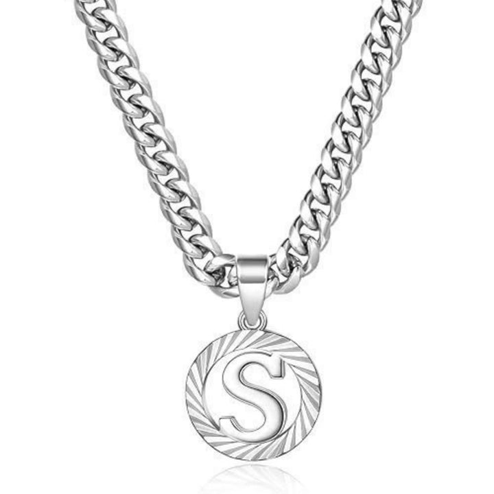HilalHaven Minimal Engraved Initial Sun‑Ray Disc Heavy Cuban‑Chain Necklace - Silver - S - image 46