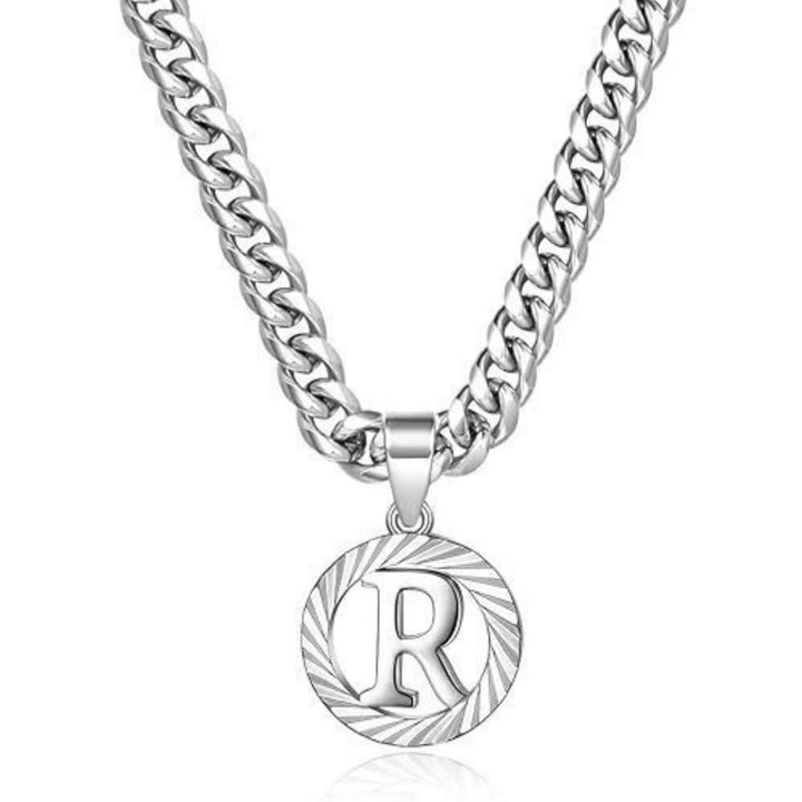 HilalHaven Minimal Engraved Initial Sun‑Ray Disc Heavy Cuban‑Chain Necklace - Silver - R - image 45