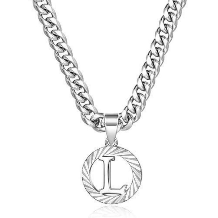 HilalHaven Minimal Engraved Initial Sun‑Ray Disc Heavy Cuban‑Chain Necklace - Silver - L - image 39