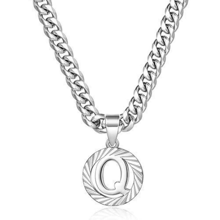 HilalHaven Minimal Engraved Initial Sun‑Ray Disc Heavy Cuban‑Chain Necklace - Silver - Q - image 44