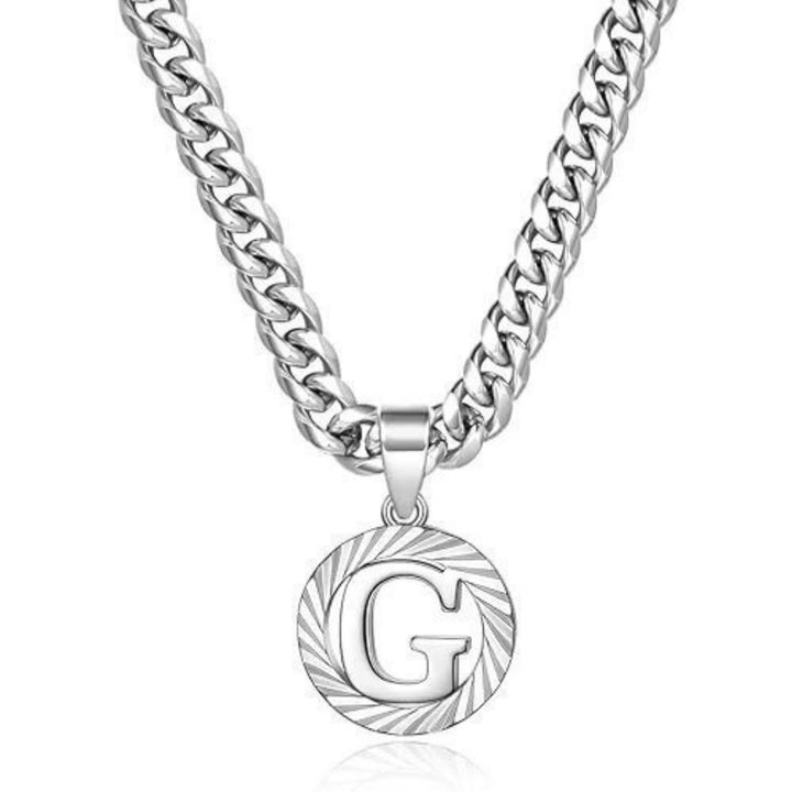 HilalHaven Minimal Engraved Initial Sun‑Ray Disc Heavy Cuban‑Chain Necklace - Silver - G - image 34