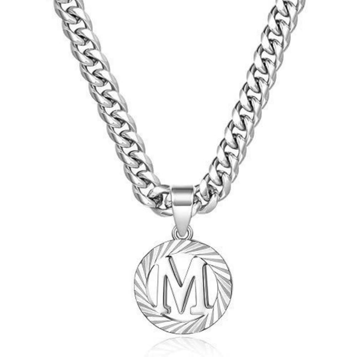 HilalHaven Minimal Engraved Initial Sun‑Ray Disc Heavy Cuban‑Chain Necklace - Silver - M - image 40