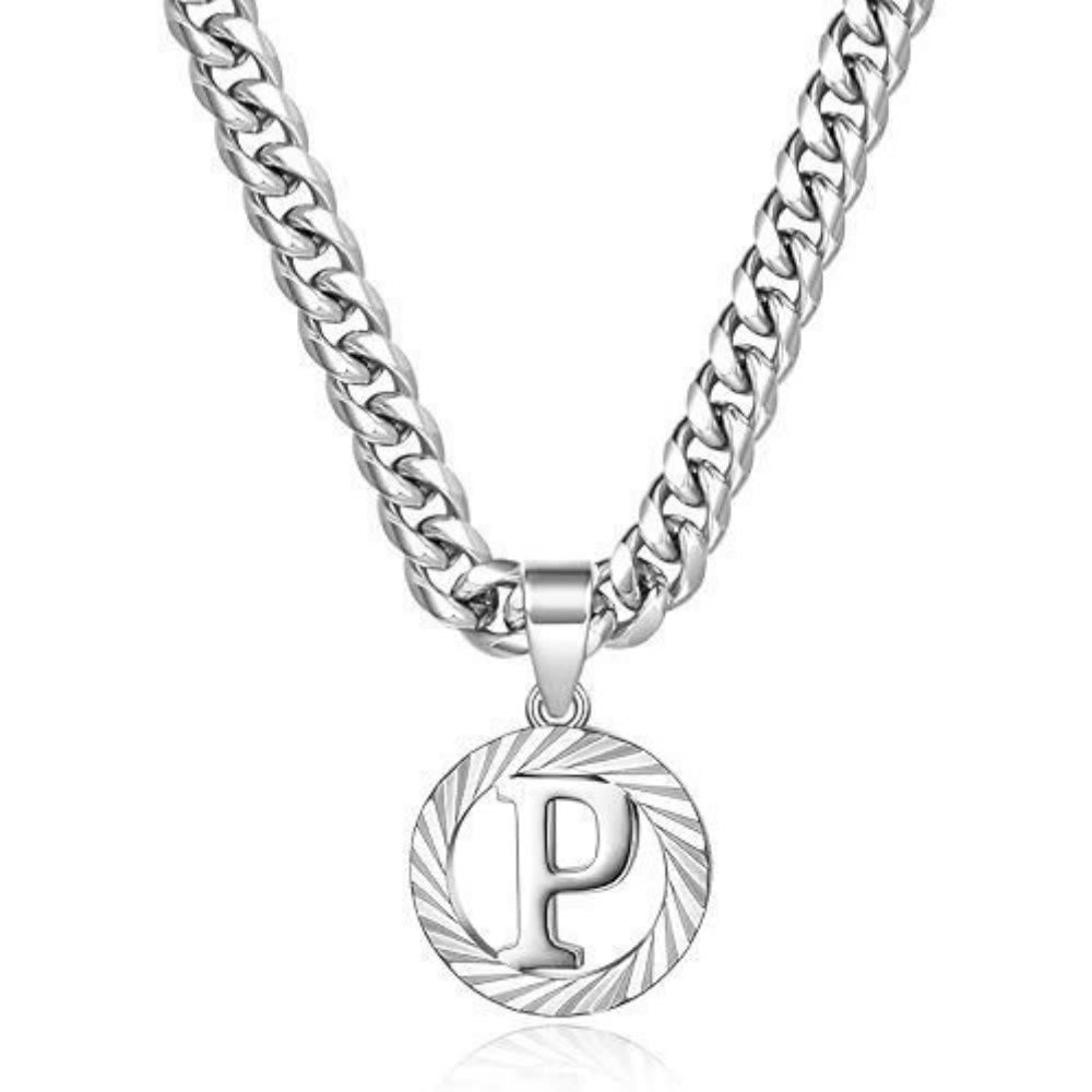 HilalHaven Minimal Engraved Initial Sun‑Ray Disc Heavy Cuban‑Chain Necklace - Silver - P - image 43