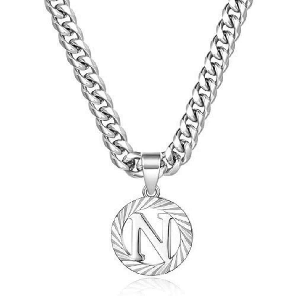 HilalHaven Minimal Engraved Initial Sun‑Ray Disc Heavy Cuban‑Chain Necklace - Silver - N - image 41