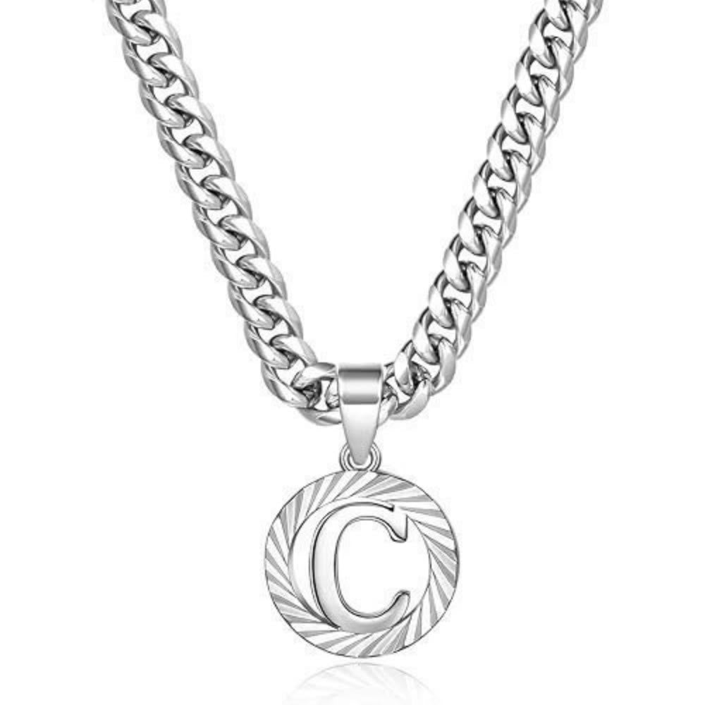 HilalHaven Minimal Engraved Initial Sun‑Ray Disc Heavy Cuban‑Chain Necklace - Silver - C - image 30