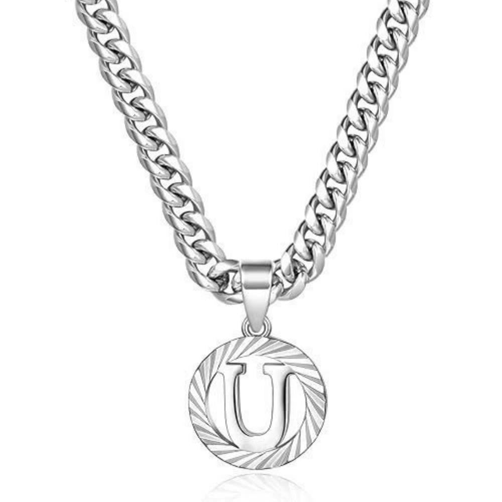 HilalHaven Minimal Engraved Initial Sun‑Ray Disc Heavy Cuban‑Chain Necklace - Silver - U - image 48