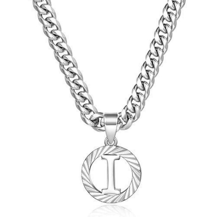 HilalHaven Minimal Engraved Initial Sun‑Ray Disc Heavy Cuban‑Chain Necklace - Silver - I - image 36