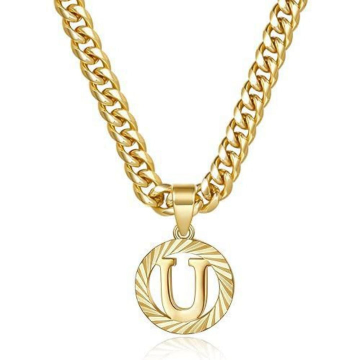 HilalHaven Minimal Engraved Initial Sun‑Ray Disc Heavy Cuban‑Chain Necklace - Golden - U - image 22