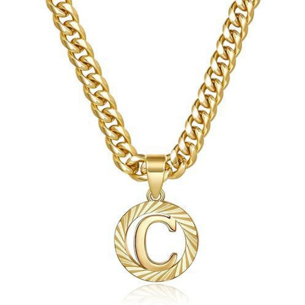 HilalHaven Minimal Engraved Initial Sun‑Ray Disc Heavy Cuban‑Chain Necklace - Golden - C - image 4
