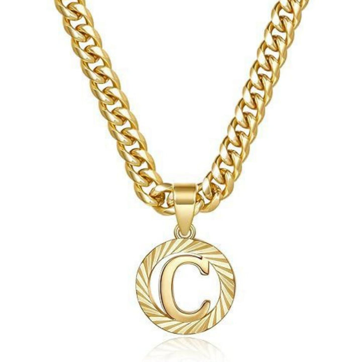 HilalHaven Minimal Engraved Initial Sun‑Ray Disc Heavy Cuban‑Chain Necklace - Golden - C - image 4