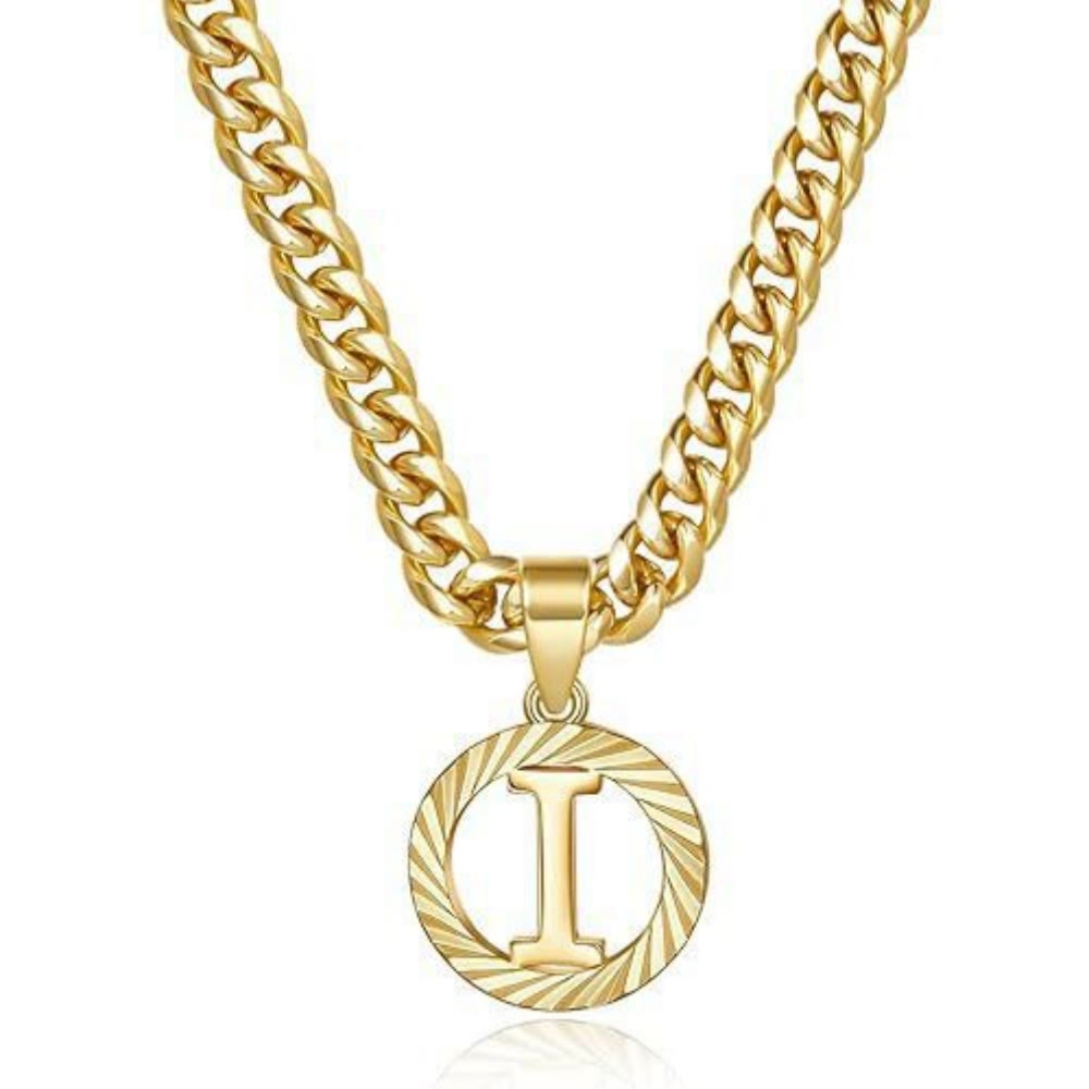 HilalHaven Minimal Engraved Initial Sun‑Ray Disc Heavy Cuban‑Chain Necklace - Golden - I - image 10