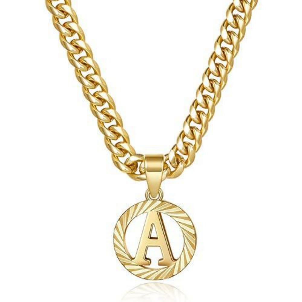 HilalHaven Minimal Engraved Initial Sun‑Ray Disc Heavy Cuban‑Chain Necklace - Golden - A - image 2
