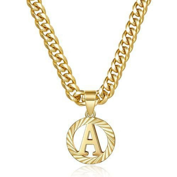 HilalHaven Minimal Engraved Initial Sun‑Ray Disc Heavy Cuban‑Chain Necklace - Golden - A - image 2
