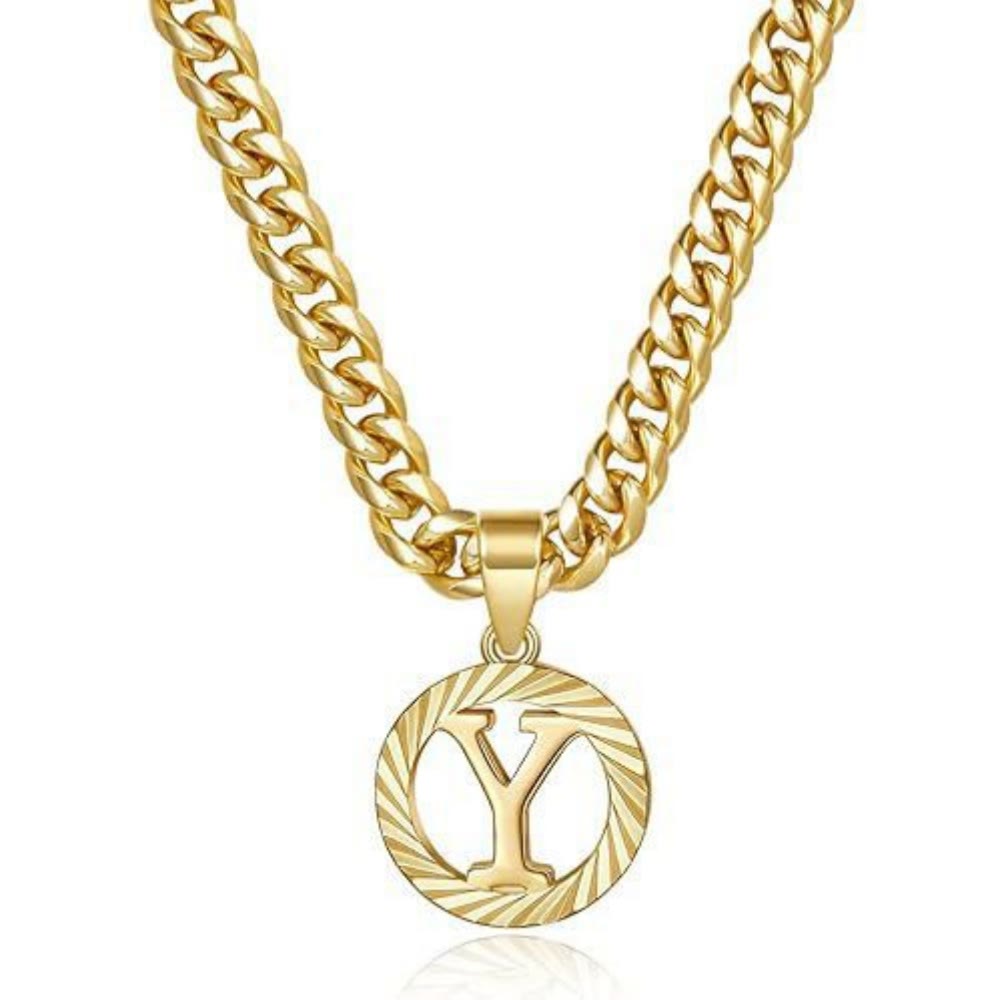 HilalHaven Minimal Engraved Initial Sun‑Ray Disc Heavy Cuban‑Chain Necklace - Golden - Y - image 26
