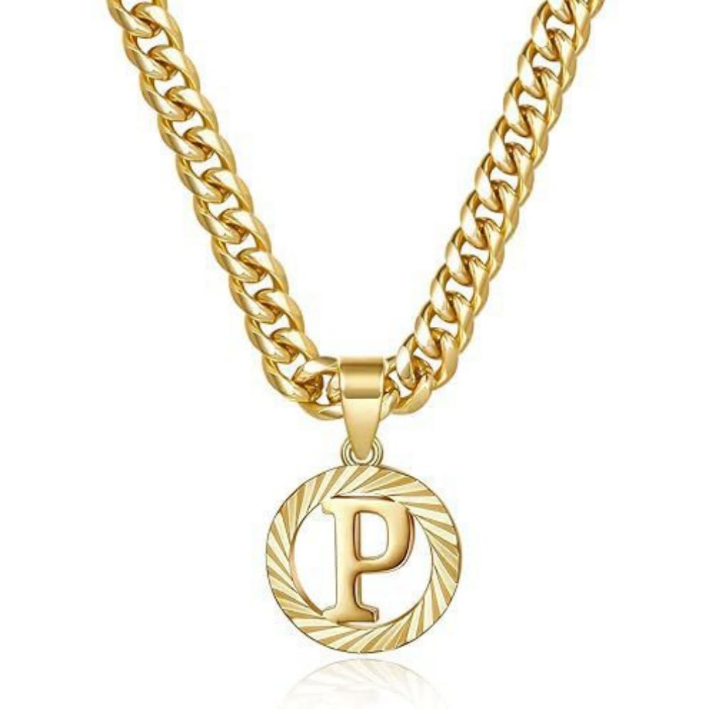 HilalHaven Minimal Engraved Initial Sun‑Ray Disc Heavy Cuban‑Chain Necklace - Golden - P - image 17